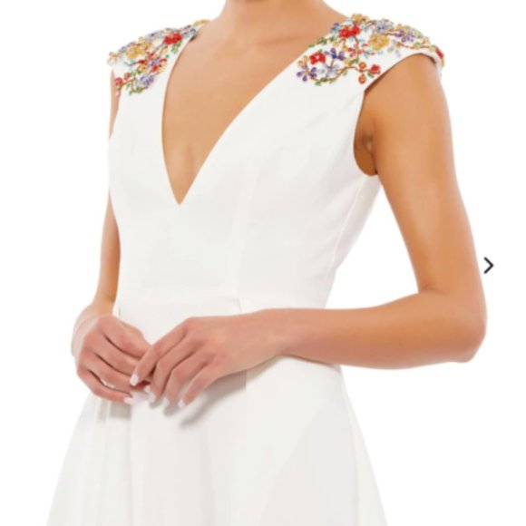 MAC DUGGAL BEADED CAP SLEEVE A-LINE FRONT SLIT MIDI WHITE DRESS sz 6 - Picture 3 of 3